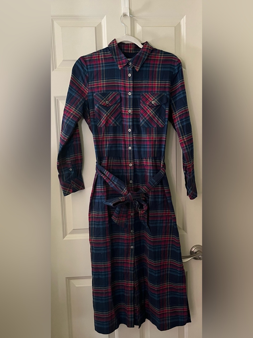 UNTUCKit "Parker" Plaid Midi Shirt Dress - Belted Long Sleeve Tartan flannel 6